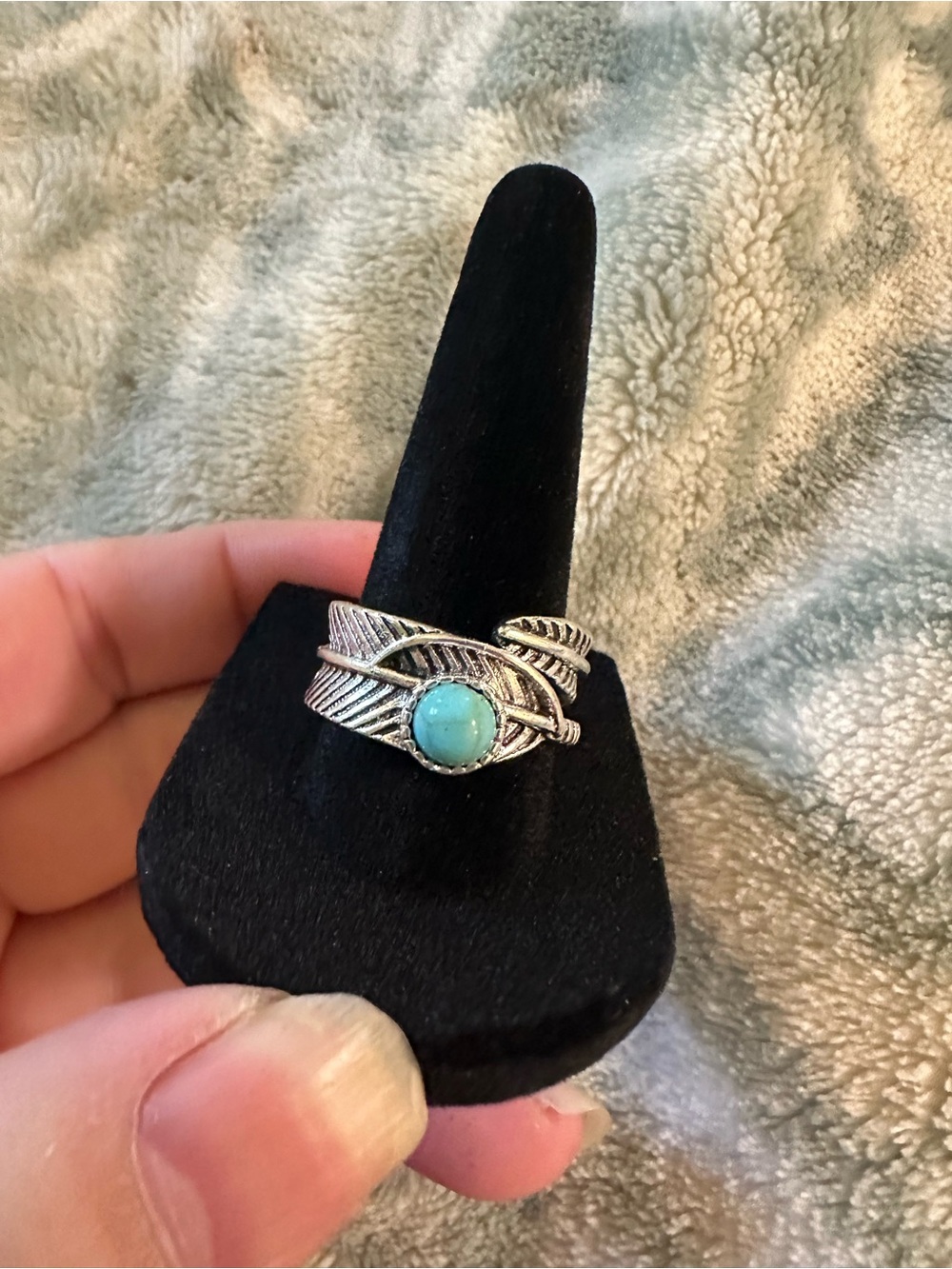 Turquoise Stone Feather Band Ring - Blue